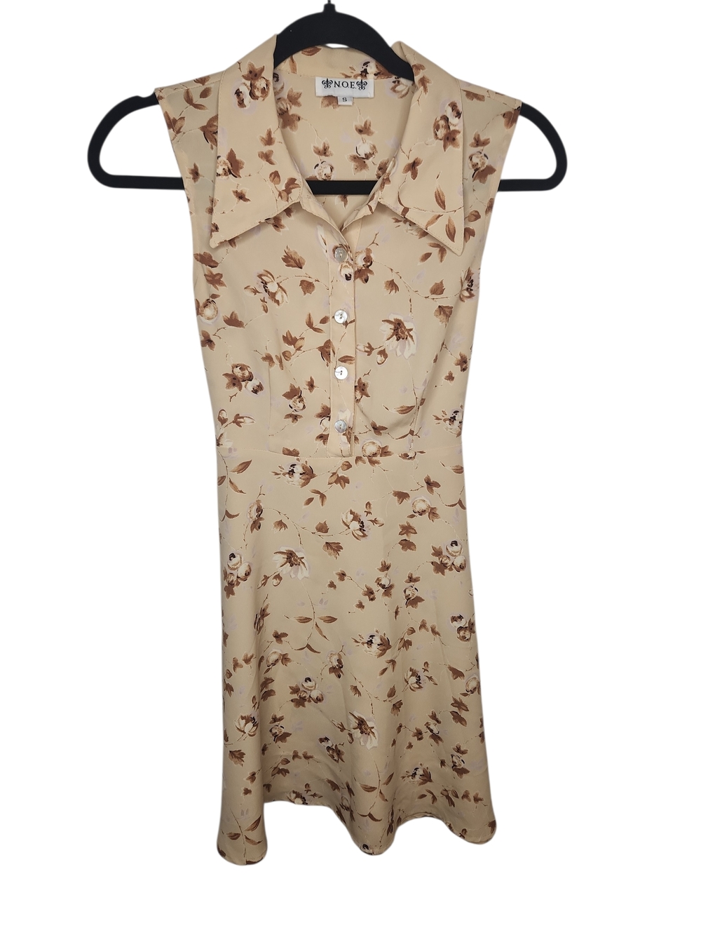 N.O.E. Vintage Y2K Boho Beige Brown Floral Print Sleeveless Shirt Dress Size S